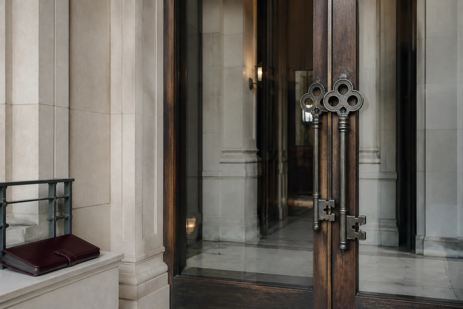 A private limestone entrance with two key-shaped door handles