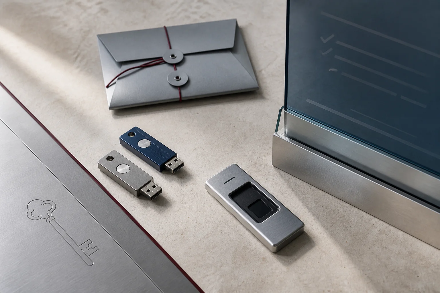 Dual hardware security keys and an institutional biometric access device