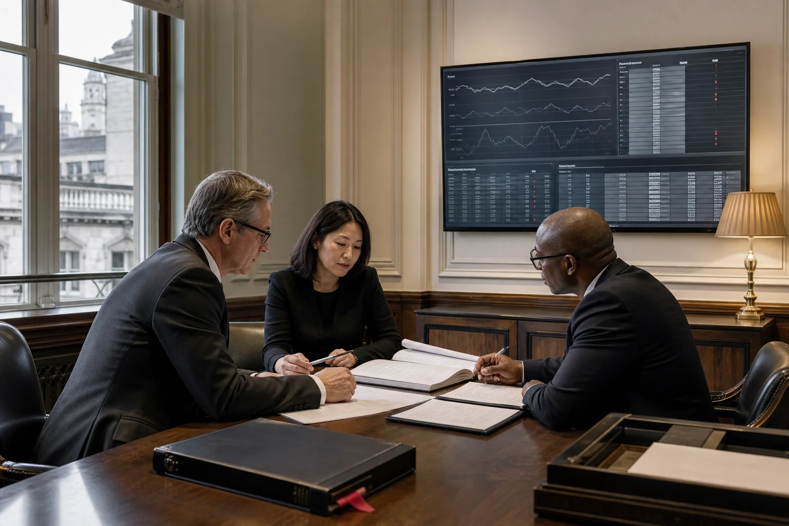 Senior fund-accounting professionals reviewing reconciliations and valuation controls
