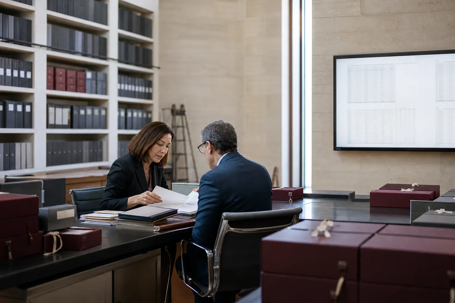 A compliance officer and auditor reviewing institutional reporting evidence